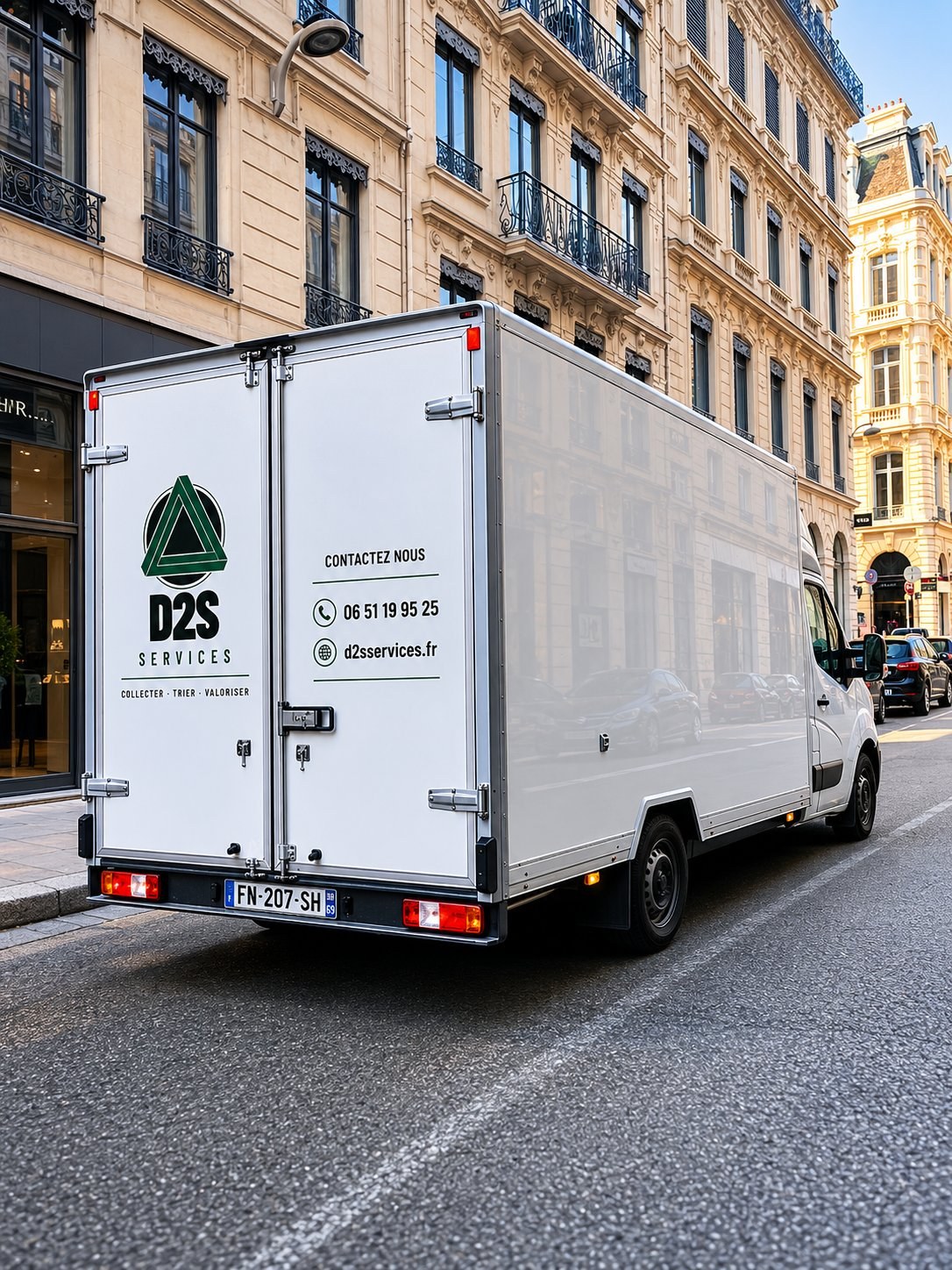Camion D2S Services en collecte de cartons dans une rue de Lyon