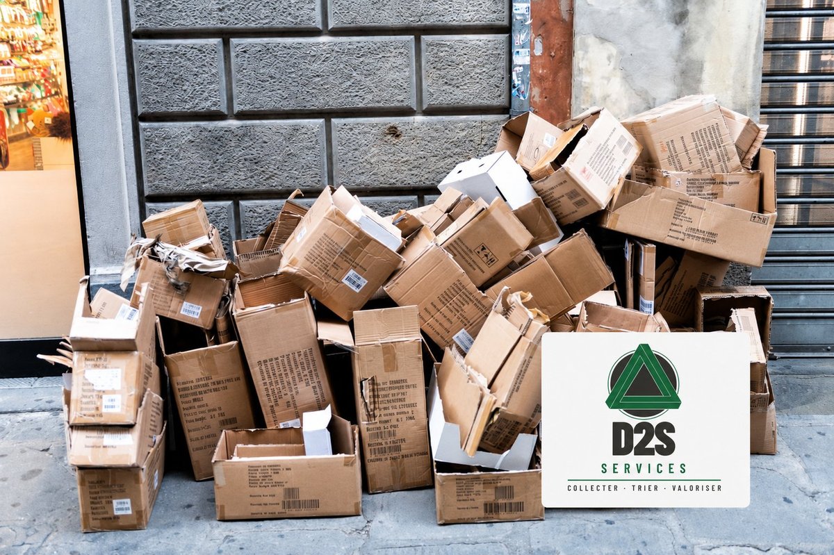 Collecte de cartons devant un commerce du centre de Lyon
